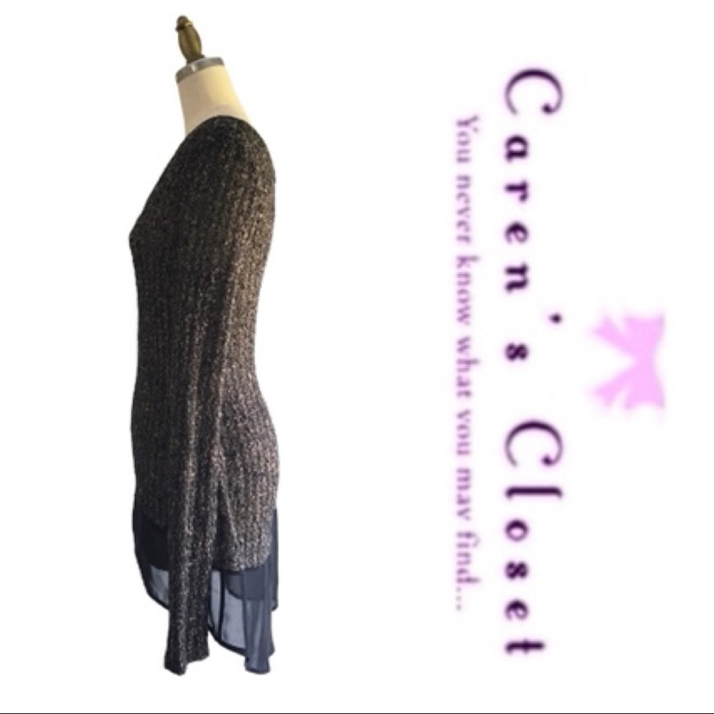 Lush Taupe & Black Knit Sweater with Attached Chiffon Shirt Hem Top. - Picture 3 of 7